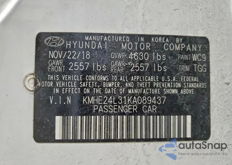 2019 Hyundai Sonata Hybrid z USA, uszkodzony, nr VIN KMHE24L31KA089437